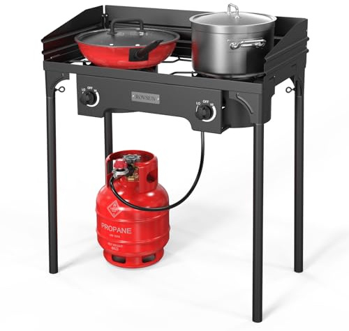 ROVSUN 2 Burner Outdoor Camping Stove with Wind Panel, 150,000 BTU Propane Burner, Gas Cooker with Detachable Legs & CSA Regulator for Home Camp Paito Cooking Frying Canning