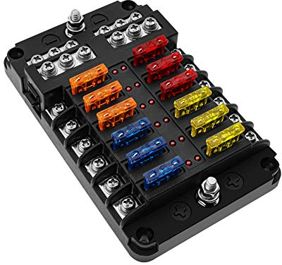 KAOLALI Sicherungskasten 12V, KFZ Sicherungshalter Flachsicherung, 12 fach Sicherungshalter mit LED-Anzeige negativen Bus für KFZ Boot Wohnmobil Van