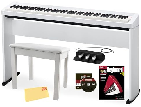 Casio PX-S1100 Privia Digital Piano - White Bundle with CS-68 Furniture Stand, SP-34 Three Pedal System, Furniture Bench, Instructional Book, Instructional Video, and Austin Bazaar Polishing Cloth