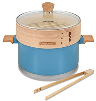 CONCORD 10 Stainless Steel Steamer Pot with Natural Bamboo Steamer 24 CM Steaming Cookware (Lagoon/Bamboo)