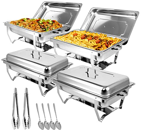 Snowtaros 9L Chafing Dish Buffet Set, Stainless Steel Food Warmer Set, Rectangular Buffet Server with Tongs & Spoons for Parties, Catering, Banquets, Events (Set of 4)