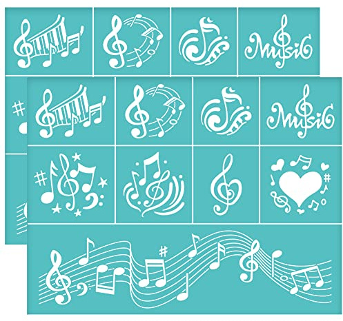 OLYCRAFT 2 stencil autoadesivi per serigrafia, motivo note musicali, trasferimenti in rete per dipingere su legno, fai da te, magliette, tessuto, 28 x 22 cm