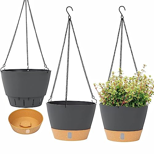 LSRVNM 3 Stück Hängende Pflanzgefäße, Hängetopf für Pflanzen, Blumentopf Hängend mit Abnehmbares Tablett, Drainagelöchern und Haken, Plastik Blumenampel Grauschwarz