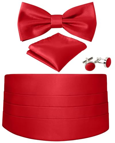Cummerbund and Bow Tie Set Solid Color Adjustable Formal Men's Red Cumberbund Bowtie Cufflinks Set & Pocket Squares