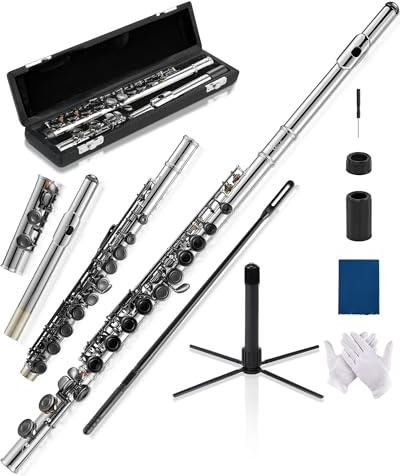 AKLOT Closed-Hole Concert C Flute: Flute Instrument with 16 Keys, Offset G, Smooth Black Nickel Keys, Air-Tight Pads, Include Stylish Leather Hard Case, Cleaning Kit, Stand, Gloves (LUM-MO)