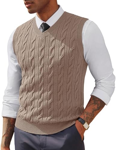 PJ PAUL JONES Mens Sweater Vests V Neck Cable Knit Vests Apricot L