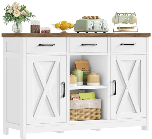 TEENFON Credenza Cucina, Mobile Cucina con 3 Cassetti e 2 Ante, Ripiani Regolabili, Credenza per il Soggiorno e Sala da Pranzo, 90 x 30 x 80 cm, Bianco