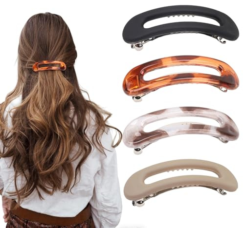 PLUSHCEWT 4 Pcs French Barrettes Hair Clips for Women, Black Hairclips Flat Slides for Thick and Thin Hair, Strong Grip Hairclips for Daily Use