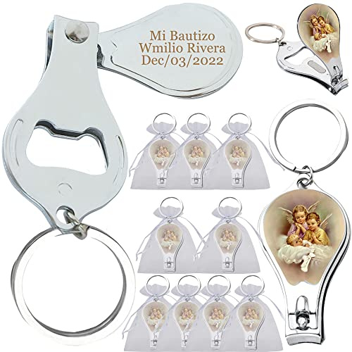 SHAKLAK Personalized Engraved Baptism Keychains (12 PCS) - Baby Angel Key Ring with Nail Clipper and Bottle Opener Party Favors for Baby Boys and Girls Recuerdos Bautizo Customized Gift for Guest