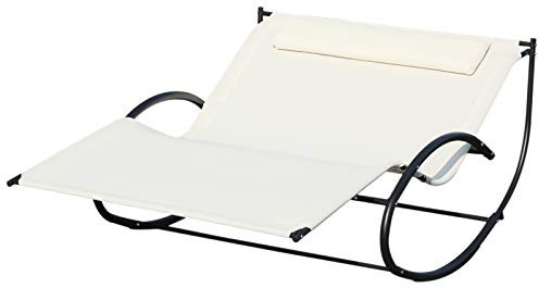 Outsunny Lettino Prendisole 2 Posti, Sdraio da Giardino a Dondolo in Metallo e Texteline, 140x200x36-88cm, Bianco Crema