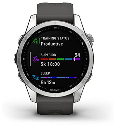 Garmin Fenix 7S, Smaller Sized Adventure smartwatch, Rugged Outdoor Watch with GPS, Touchscreen, Health and Wellness Features, Silver with Graphite Band