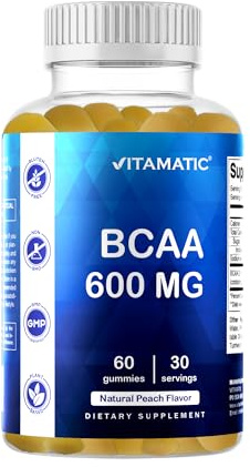 Vitamatic BCAA Gummies - Branch Chain Amino Acid Supplements - Peach Flavor - 600mg per Serving - 60 Vegan Pectin Based Gummies (1 Bottle)