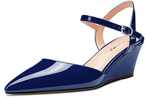 Castamere Femmes Mi Compensé Talon Heel Pointu Bout Escarpins Lanières Cheville Slingback Mariage Dress Chaussures Bleu A 39 EU