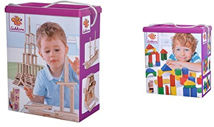 Eichhorn 100001612 Holzbaukasten Holzsteine zum Bauen, inkl. Vorlagen & 100010171 100 Bunte Holzbausteine in der Aufbewahrungsbox mit Kordel und Sortierdeckel, für Kinder ab 1 Jahr