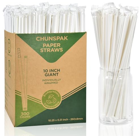 Cannucce usa e getta in carta, confezionate singolarmente, 26 x 0,8 cm, colore bianco semplice, per bevande e frullati, 300 pezzi