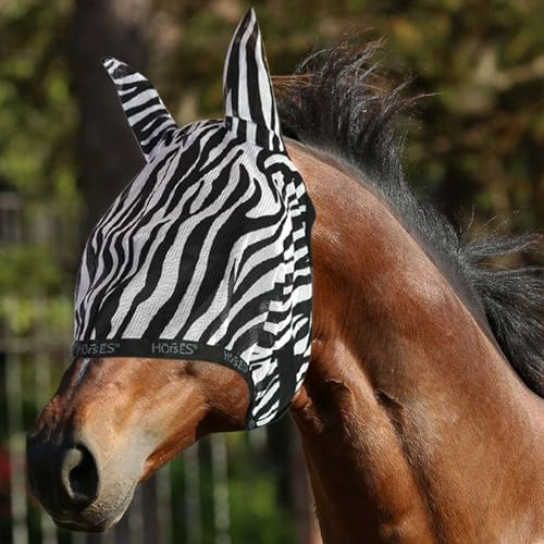 Maschera Antimosche Horses Zebra, Leggera e Traspirante, Maglie Fini con Orecchie in Tessuto Forato per Protezione da Mosche e Moscerini (S)