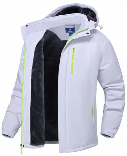 SPOSULEI Giacche da sci da uomo con cappuccio Snowboard impermeabile in pile cappotti antivento invernali impermeabili multi tasche, bianco, XX-Large