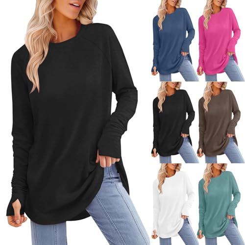 Longshirt pour femme, T-shirt oversize, unicolore, chemisier à manches longues, pull décontracté, surdimensionné, hauts décontractés, chemisier à manches longues et col rond, sweat-shirt, basique