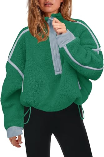 Panadila Womens Half Zip Fleece Pullover Sherpa Jacket (Green Combo,S)