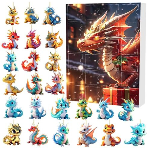 Drachen Weihnachten Adventskalender 2024, Dinosaurier-Adventskalender 24 Dino Anhänger - 2D Dinosaurier Ornamente Weihnachten Sammlerstück Set Drachen Weihnachten