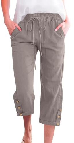 Voqeen Mujer Pantalones Verano de Algodón Frescos Pantalón Cintura Alta Elástico con Bolsillos Casual 3/4 Pantalones Anchos con Cordón Ligeros y Cómodos