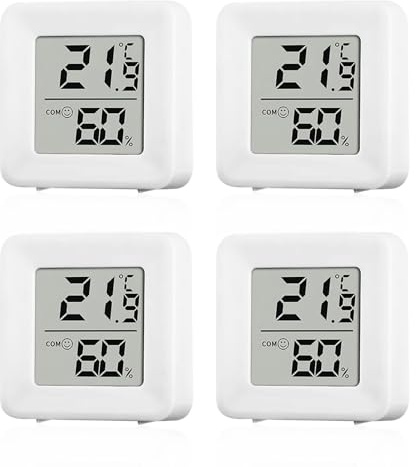 4 Pack Room Greenhouse Thermometer Hygrometer, Mini Room Thermometer | Accurate Indoor Digital Humidity Gauge with Temperature Monitor Large LCD Display and Face Lcons for Garden Baby Home Nursery