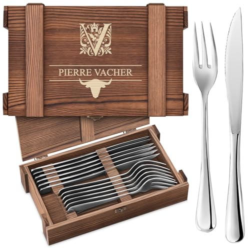 Maverton Couverts de Table à Steak - 6 Couteaux a Steak et 6 Fourchette a Viande dans un Coffret Cadeau Homme Personnalisé - Set De Table avec Boîte en Bois - Cadeau Personnalisé pour lui