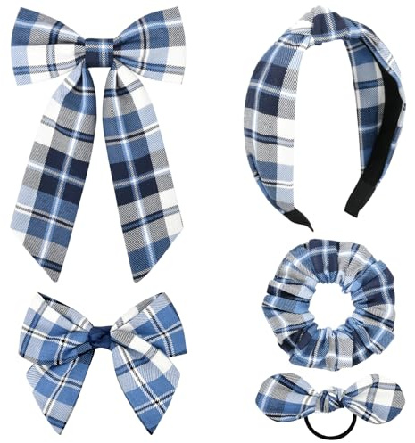DEEKA 5 Styles Uniform Plaid Long Tail Hair Bows Knotted Headband Scrunchies Bow Set Alligator Clips Back to School Accessories for Toddler Little School Girls (Blue&White 5 Styles)