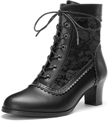 Voviggiw Women Victorian Boots Lace up Ankle Boots Witch Costume Booties Side Zipper NewBlack Size 37