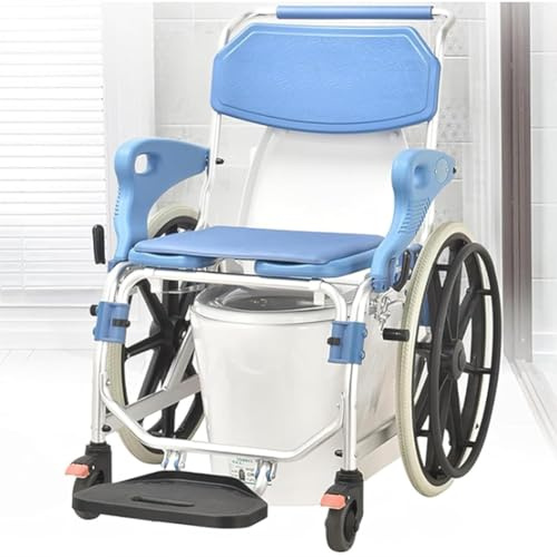 PP-Vic Shower Wheelchair, Shower Seat with Detachable Potty, Lockable 360° Rolling Wheelchair, Built-in Toilet Height Adjustable Suitable for Disabled/Elderly Bathing Wheelchair