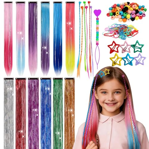 Bunte Haarsträhnen Kinder,mit 6 Lange Glatte Haarsträhnen zum Einklipsen,6 Farben Hair Tinsel,Stern-Haarspange,Haarperlen,Haargummis,Haarschmuck Mädchen