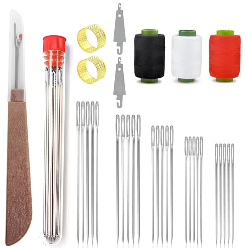 OuryTech Set di Aghi da Cucito, 34 Pezzi Aghi con Cruna Grande, Set Cucito per Pelle, Aghi e Filo, Aghi in Acciaio Inox per Cucito a Mano, Facile da Trasportare per Appassionati di