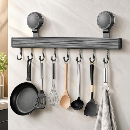 Xygobla Utensil Rack with Suction Cup, Kitchen Hanging Rail No Drilling, Heavy Duty Utensil Hanger 20kg Load Capacity, 41cm Kitchen Utensils Holder Wall Mounted with Sliding Hooks for Mug Spatula Pan