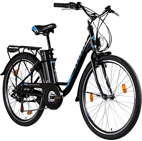 ZÜNDAPP Z505 City E-Bike Damen 26 Zoll | Citybike mit 6 Gang Schaltung Pedelec | für 150-185 cm | Bike mit StVZO Beleuchtung und Gepäckträger (schwarz, 43 cm)