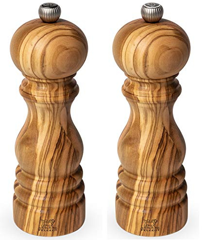 Dekomiro Peugeot Paris Set Olivenholz 18 cm Pfeffermühle und Salzmühle mit 100 gr. Salz Geschenkverpackung (18 cm)