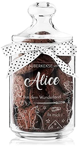 Maverton Keksglas mit Gravur - Glasbehälter mit Deckel - Bonbonglas mit eleganter Schleife - Vorratsglas personalisiert - Geschenk für Naschkatze & Hobbybäckerin Frauen - Zauber