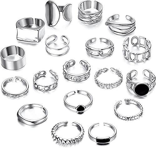 MILACOLATO Bohemian Knuckle Vintage Rings for Women Man Girls Boys，Adjustable Chunky Finger Stackable Midi Fashion Finger Turquoise Bead Accessories Silver Plated Retro Ring Set （18Pcs） Silver