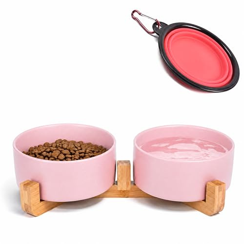 Petygooing Juego de cuencos de cerámica para gatos y perros con soporte, plato de agua y comida para mascotas, cuencos antideslizantes para perros pequeños, juego de 2 cuencos para gatos y mascotas