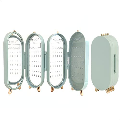 Lejesth Foldable Earring Holder Jewelry Organizer Box with Mirror, 4-Layer Dustproof Earring Necklace Display Stand Jewelry Box with 153 Holes for Women and Girls, Gifts for Girl (Light Green)