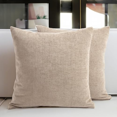 Encasa XO Chenille Kissenbezüge Set von 2 | Sand - (18x18) (45x45 cm) | Dekorative Akzent Quadratische Wurfkissenbezüge Für Couch, Heimdekoration, Sofa