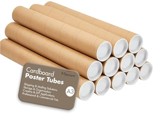 Meown A3 Postal Tubes, Cardboard Mailing Tubes with Secure Plastic End Caps, Strong 330mm x 50mm Round Poster Tubes, Ideal for Art Prints, Posters, Blueprints, Storage & Shipping (Pack of 10)