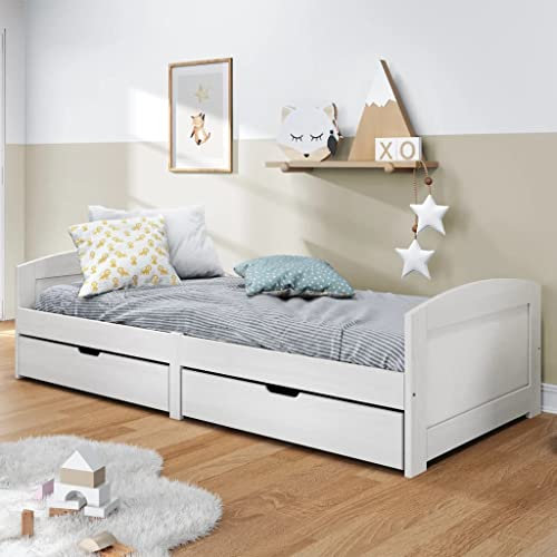 Festnight Cama Individual Infantil de Madera Maciza Con 2 Cajones y Somier - Estructura de Cama Diván Sofá 90 x 200 cm Blanco