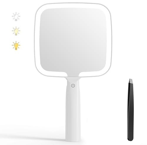 Auxmir Handspiegel Kosmetikspiegel mit 3 Lichtfarben, LED Beleuchtet Make Up Spiegel mit Griff, Tragbar Rasierspiegel Touchschalter für Friseur, Haare Schneiden, Gesichtspflege, USB und Batterie