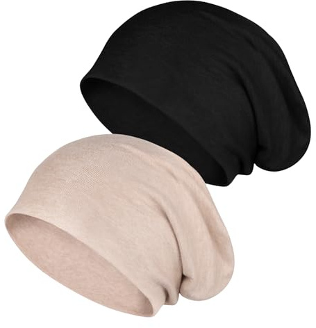 Kieswan Lot de 2 bonnets, pour homme et femme, en coton fin, unisexes, élastiques, pour la course, la chimio, pour l'automne et l'hiver (noir, kaki), Noir et kaki, Medium