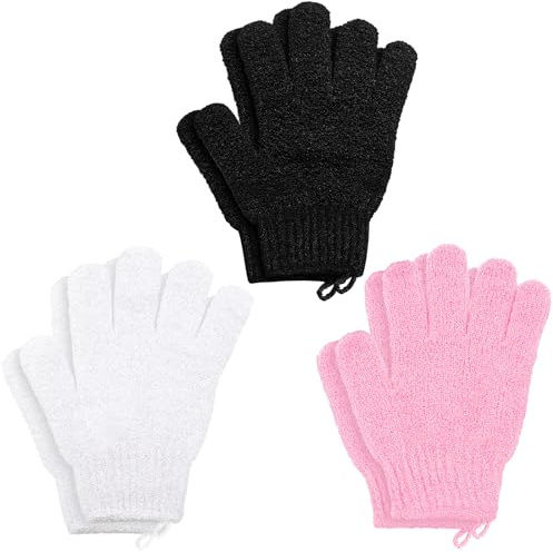 6Pcs Exfoliating Gloves - Bamboo Shower Gloves with Lanyard - Bath and Body Exfoliator Mitts - Scrubs Away Ingrown Hair and Dead Skin - for Shower, Spa and Massage Cell Remover Loofah - 3Colours