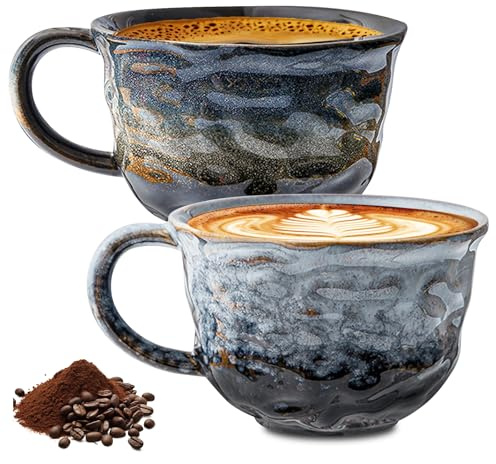 2 Stück Cappuccinotassen Set Steingut, 260ml Handgefertigt Porzellan Kaffeetassen Set, Kreatives Design Keramik Teetassen Geschenk, für Büro und Zuhause (Marmor Grau+Sternenmuster)
