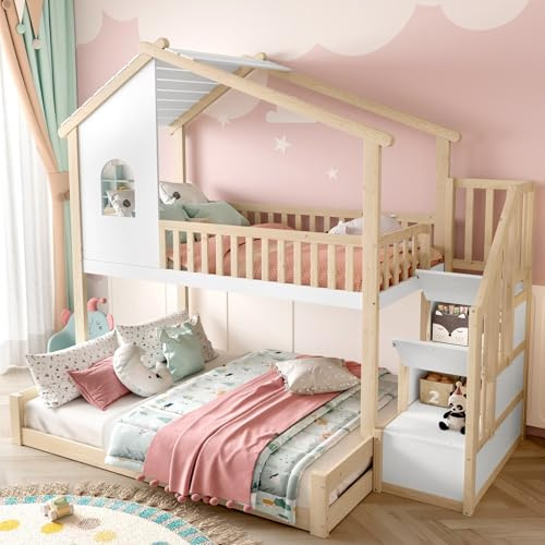 PUGSDRLY Lit Superposé Enfant 90x200cm et 140x200cm,Lit Mezzanine Enfant 2 Places avec échelle de Rangement,Design de la toiture,Barrière de sécurité,sans Matelas (Blanc+Naturel-A)