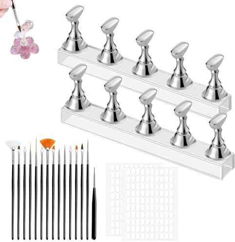 2 Sets Supports à Ongles Magnétiques en Acrylique, 15 Pinceaux pour Ongles, avec 200 Bandes Adhésives Double Face, Porte-Ongles, Accessoires de Nail Art pour Débutants en Design d'Ongles DIY