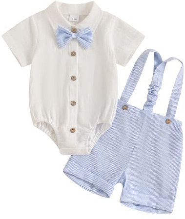 Qianderer Infant Baby Boy Gentleman Outfit Short Sleeve Lapel Neck Romper Shirt with Bowtie and Suspender Overalls Shorts Set Wedding Outfit Formal