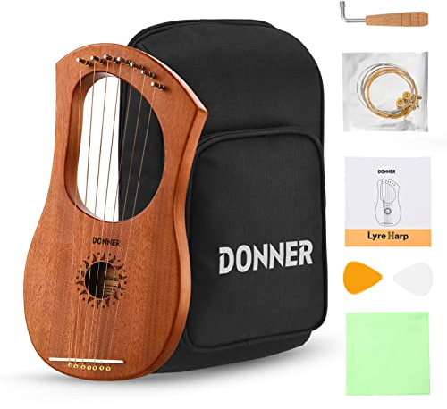 Donner Lyre Harp, 7 Metal Strings, Mahogany Body and Bone Saddle DLH-001 Lyre Harp for Beginner Kids with Tuning Wrench, Spare String Set, Black Gig Bag, Manual, Ancient Greece Style